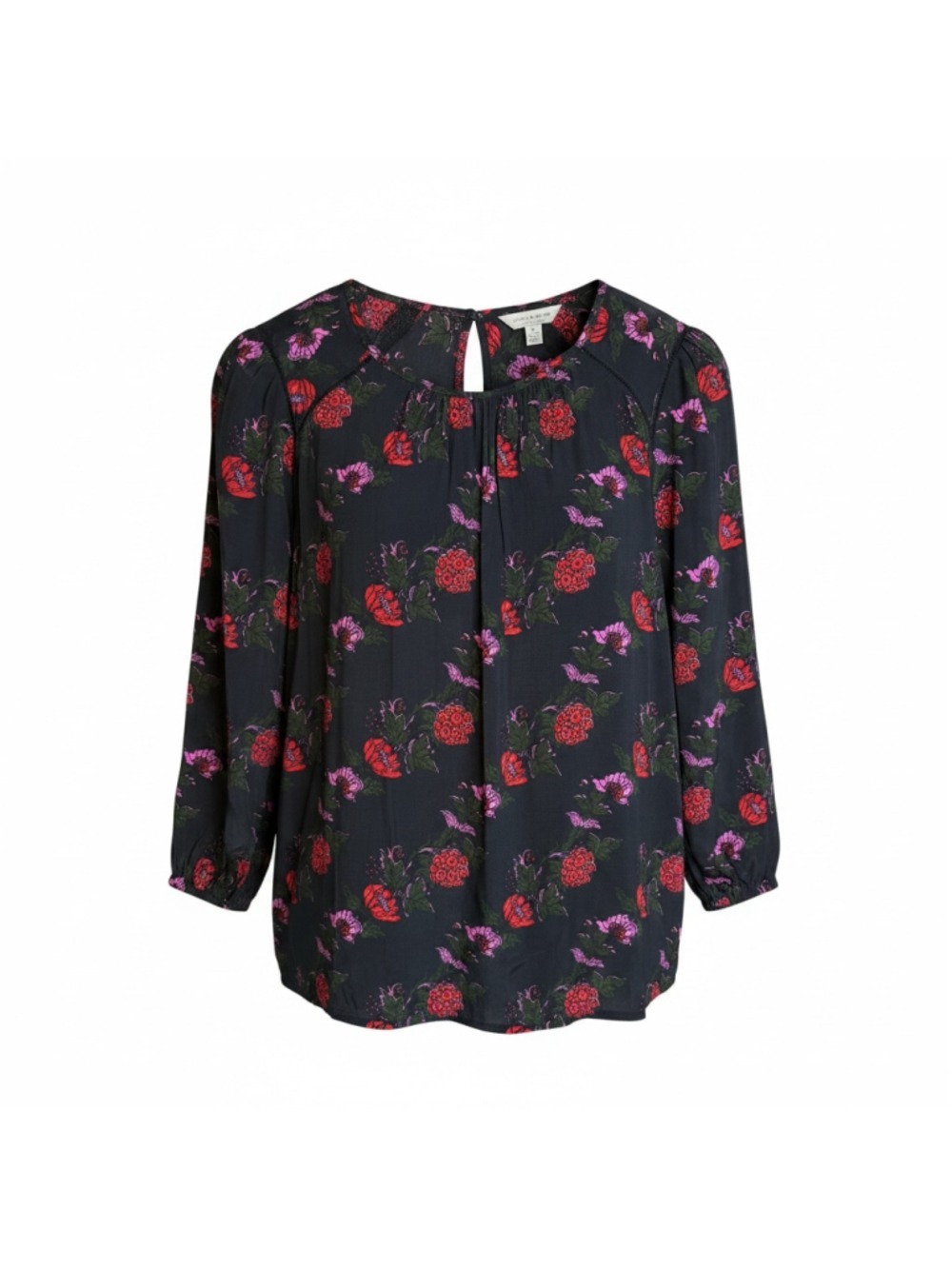 Lucky Brand Pink Red Floral Peasant Top Black Boho Blouse Medium - Picture 1 of 6